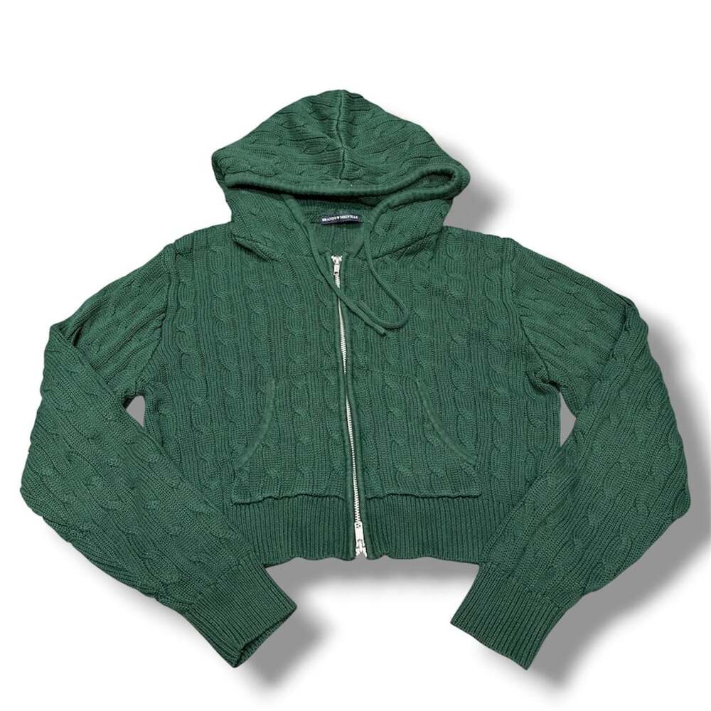 Brandy Melville Cable Knit Zip Up Hoodie Green